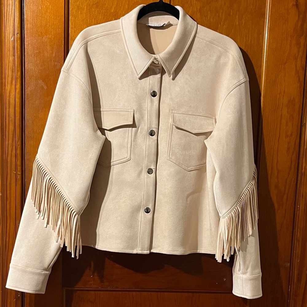 JustFab Cream Fringe Utility Jacket